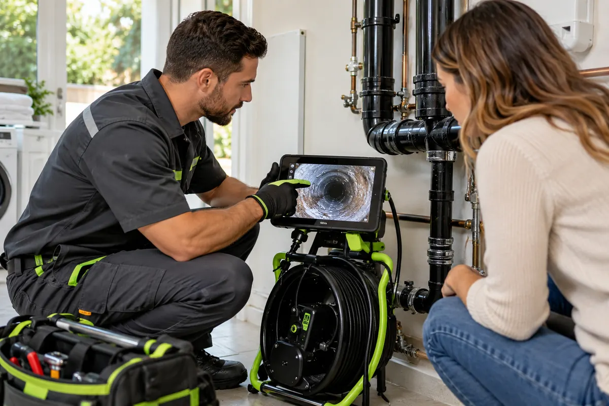 Drain service professional explaining camera inspection findings to a property owner