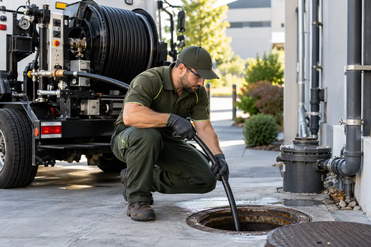 Drain technician preparing sewer line cleaning equipment at a service access point